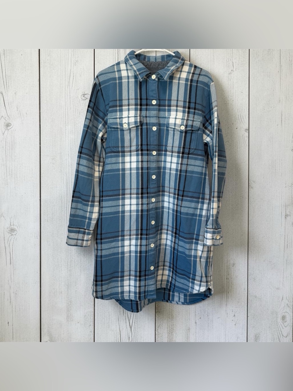OUTERKNOWN Blanket Shirt Dress Blue Plaid Flannel Size XL